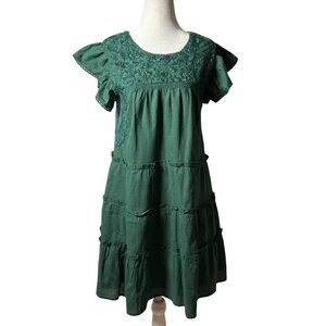 J. Marie Boho Tiered XS Dress Lace Details Flutter Sleeves Green